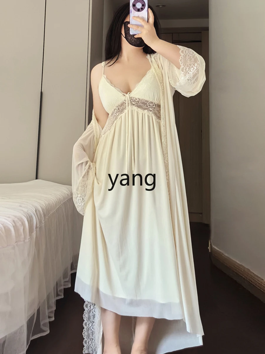 LMM long pajamas women's large size summer fat mm lace hollow with chest pad