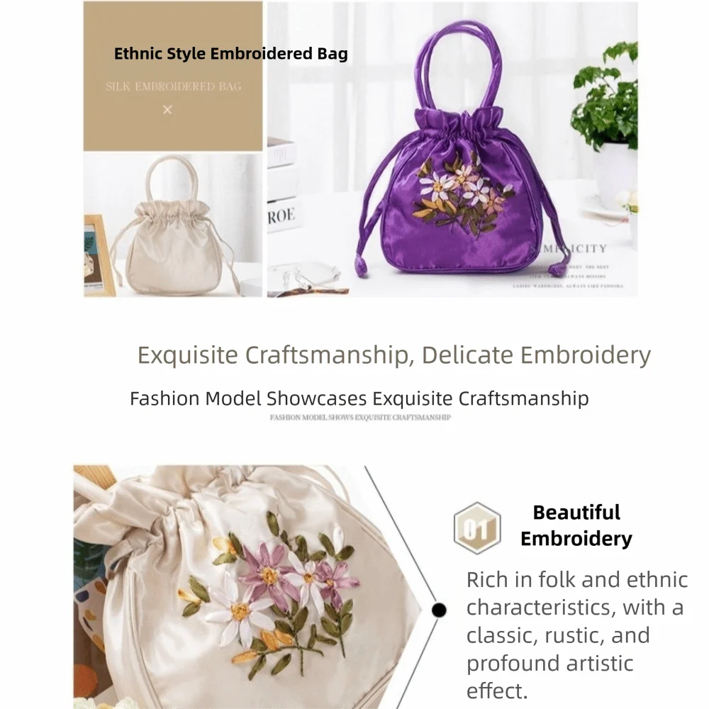 Embroidered Flower Pattern Women Bucket Bag National Style Small Top Handle Bag Phone Bag Dacron Drawstring Bag