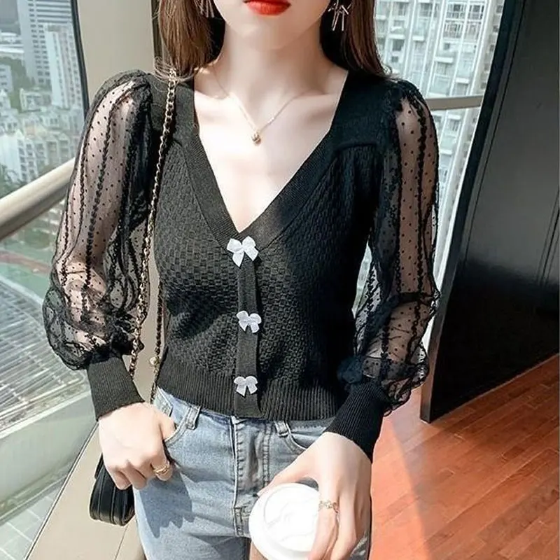 Sexy Lace Gauze Long Sleeve Shirt Knitted Spliced Fashion Sweet Bow Female Clothing Spring Autumn Slim Elegant V-Neck Blouse New