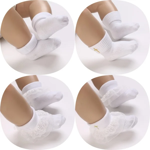 4 Pairs of White Versatile and Adorable Cotton Baby Socks for 0-1 Year Old Newborn Boys and Girls
