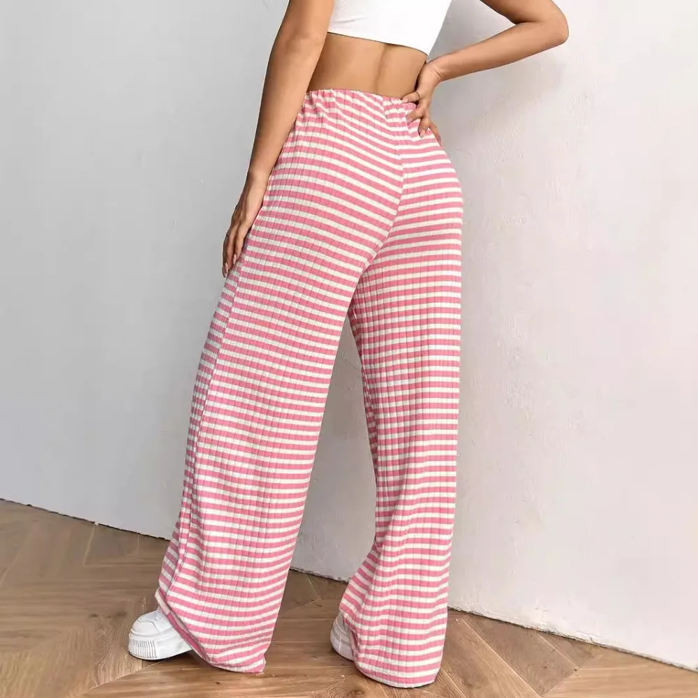 Printemps été femmes décontracté rayé couleur unie polyvalent Simple pleine longueur cordon pantalon droit
