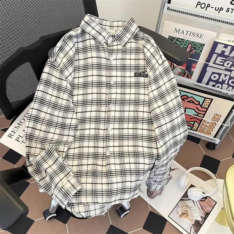 

Loose Casual Plaid Shirt Long Sleeve Spring Autumn Men's Fashion Outerwear Versatile Lightweight Classic Style Couple's Outfit