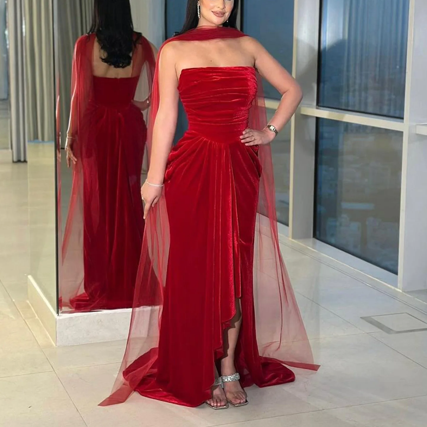 FOLOBE strapless rode geplooide avondjurken elegante zeemeermin fluwelen galajurken voor vrouwen zeemeermin trouwjurk op maat