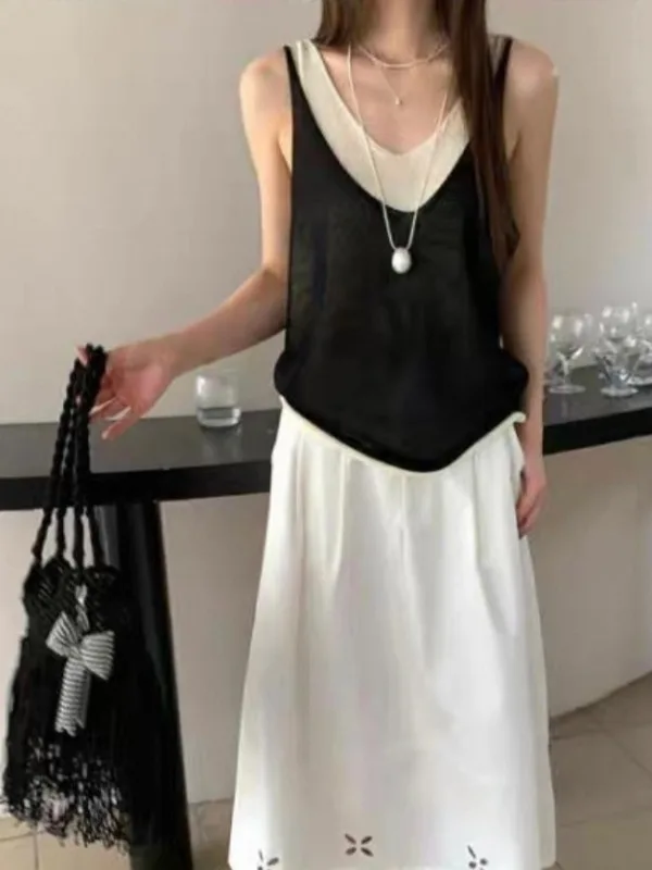 

Laid-ba Sle V-ne Splice Fake Two-Piece Tank Top Women Summer Korean Faion Ele High-End Feeling Svel Top
