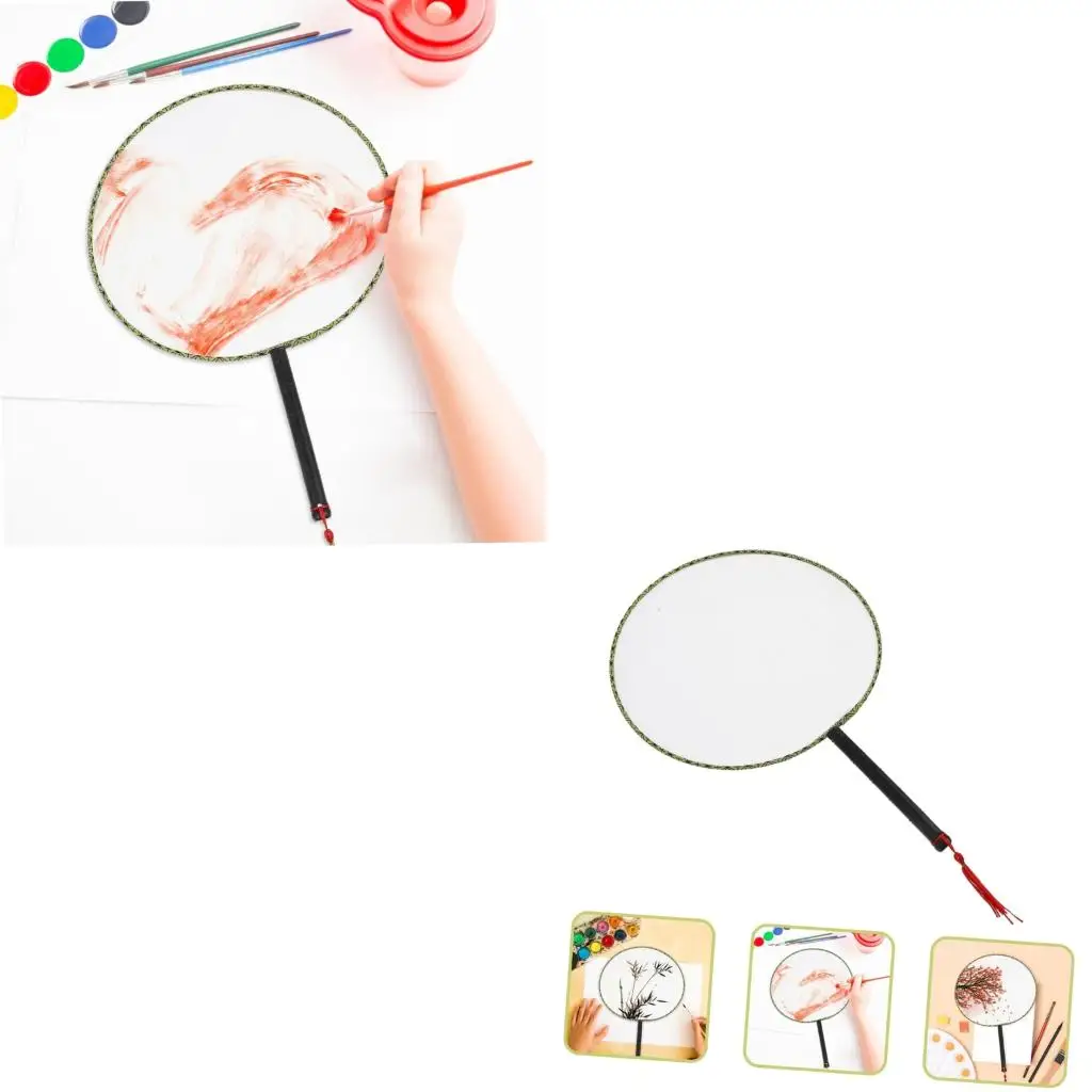  6Pcs Kids DIY Painting Writing Round Hand Fan Craft Kits With Black Handle Tassels Silk Fabric For Creative Art Projects