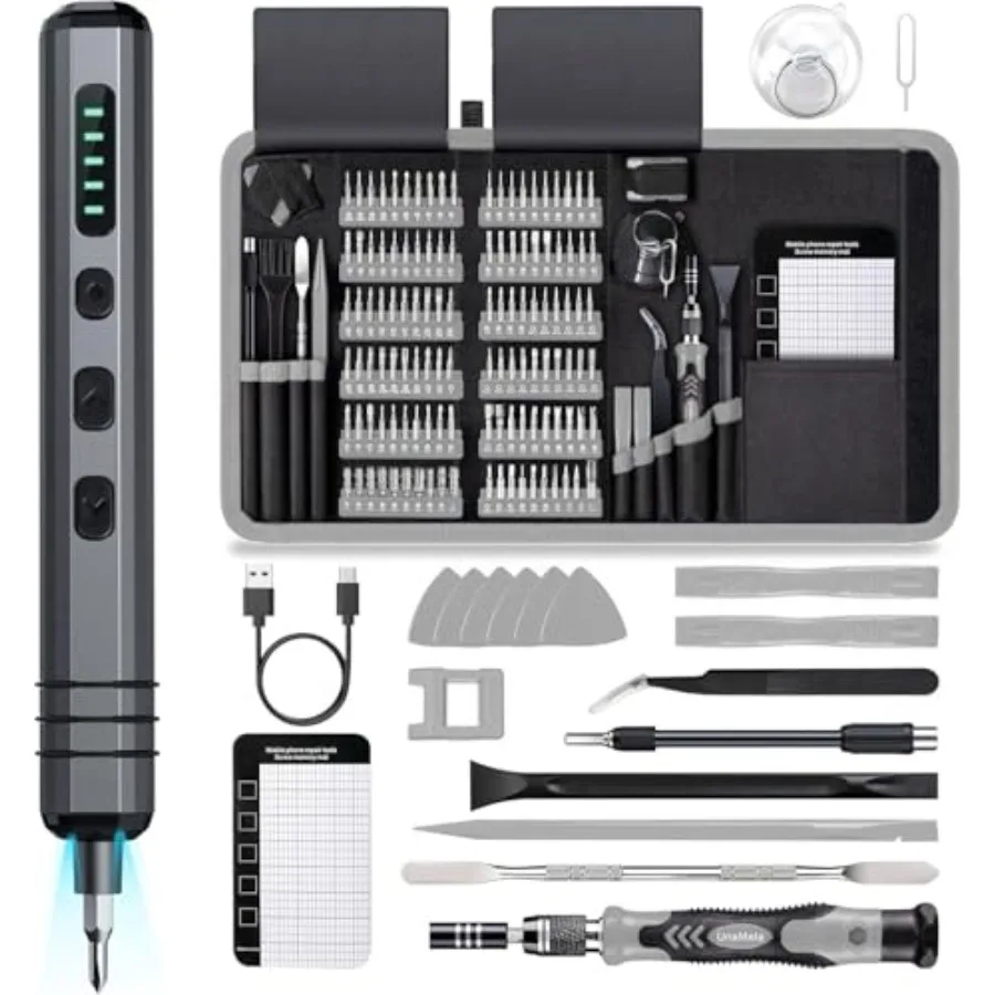 

Мини-набор электрических отверток 140-в-1: Маленькая беспроводная электрическая отвертка - 5 настроек крутящего момента, 120 прецизионных бит, светодиодная подсветка