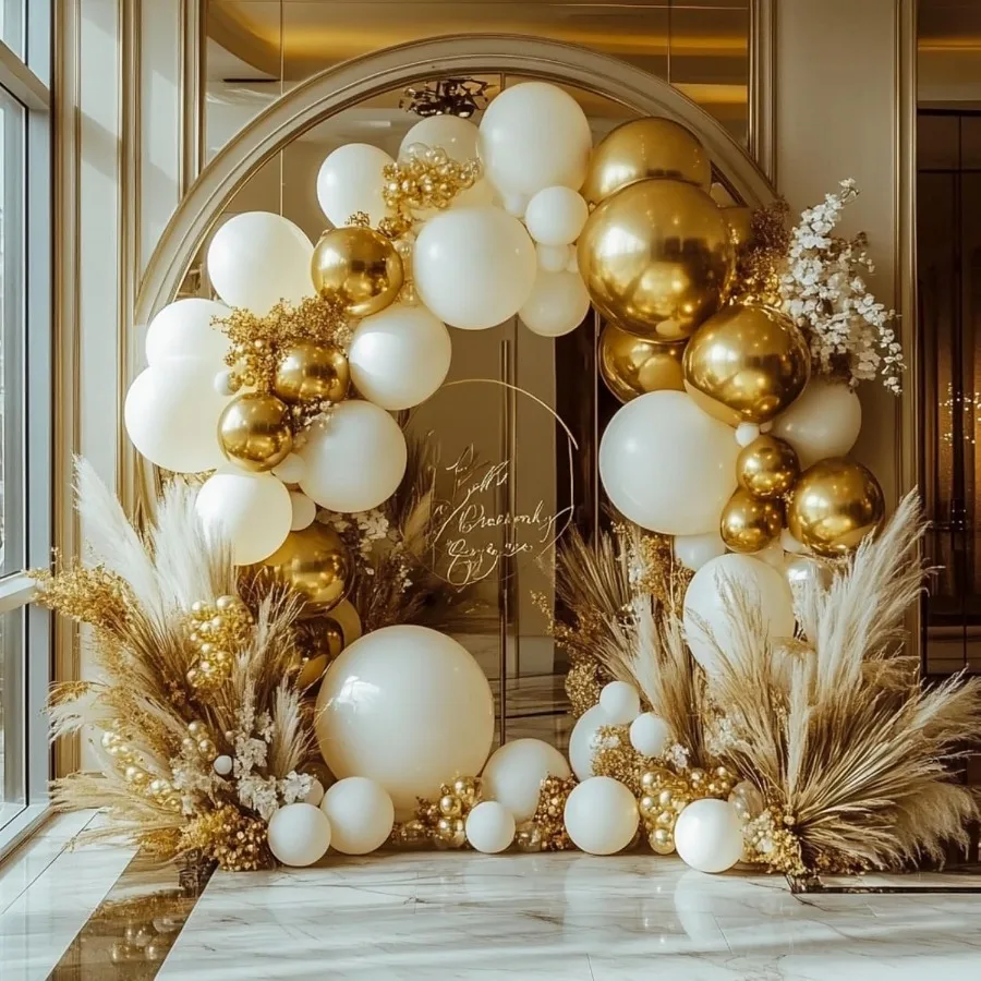طقم قوس بالونات باللونين الأبيض والذهبي مع 178 قطعة بأحجام مختلفة بما في ذلك 18 12 10 و5 بوصة رمل أبيض معدني ذهبي #5
