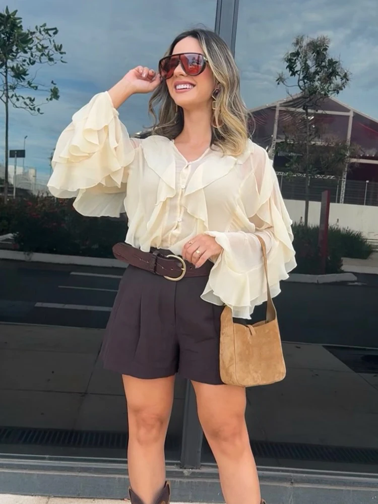 HH Women Spring Autumn Elegant V-Neck Temperament Blouse Female Loose Single-Breasted Long Sleeves Laminated Decorative Shirts