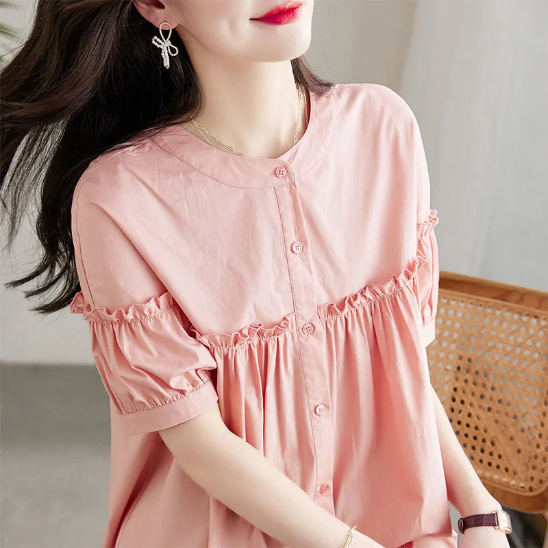 Summer Fashion Folds Ruffles Patchwork Loose Shirts Female Casual All-match Single-breasted Solid Color Short Sleeve Blouses