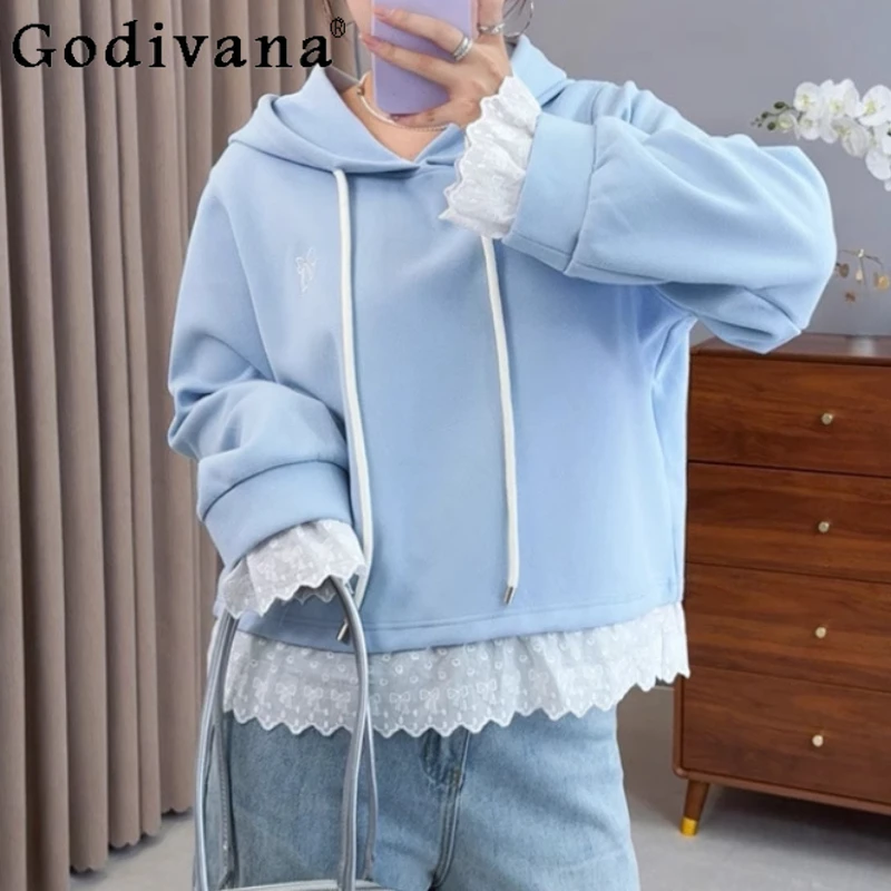 

Осенняя новая женская толстовка большого размера из двух частей с кружевом и капюшоном, модный универсальный возрастной милый топ с длинными рукавами