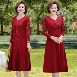Red Festive Wedding Cheongsam Dress Vestidos Elegant Women Dresses noble Spring Autumn lace patchwork Dresses 5XL