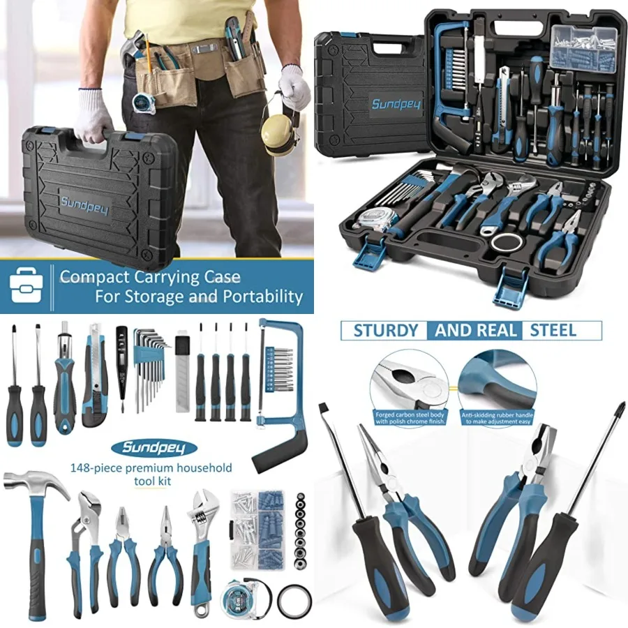 

Sundpey Home Tool Kit 148-Pcs - Household Basic portable Hand Repair Tool Set with Case Ratcheting Screwdriver Hex Key Pliers W
