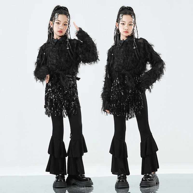 

Jazz Dance Outfit Children Performance Costume Feather Black Shirt Bell-Bottoms Girl Model Show Fashion Clothes Streetwear 3281