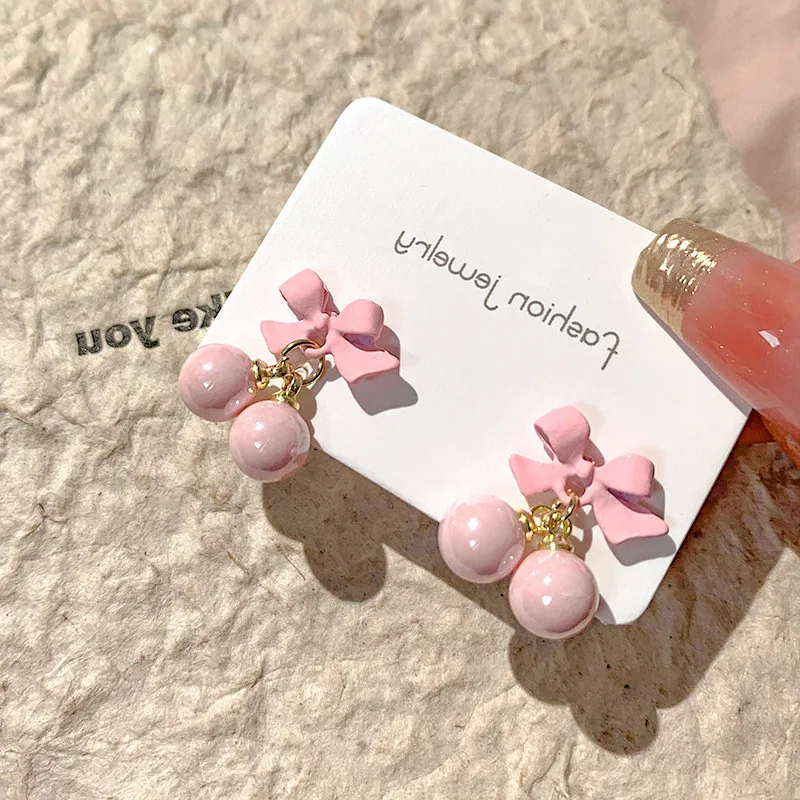 2024 Korean Sweet Pink Bow Earrings for Women Girls Fashion Design Personality Round Bead Drop Earring Jewelry Gifts Wholesale