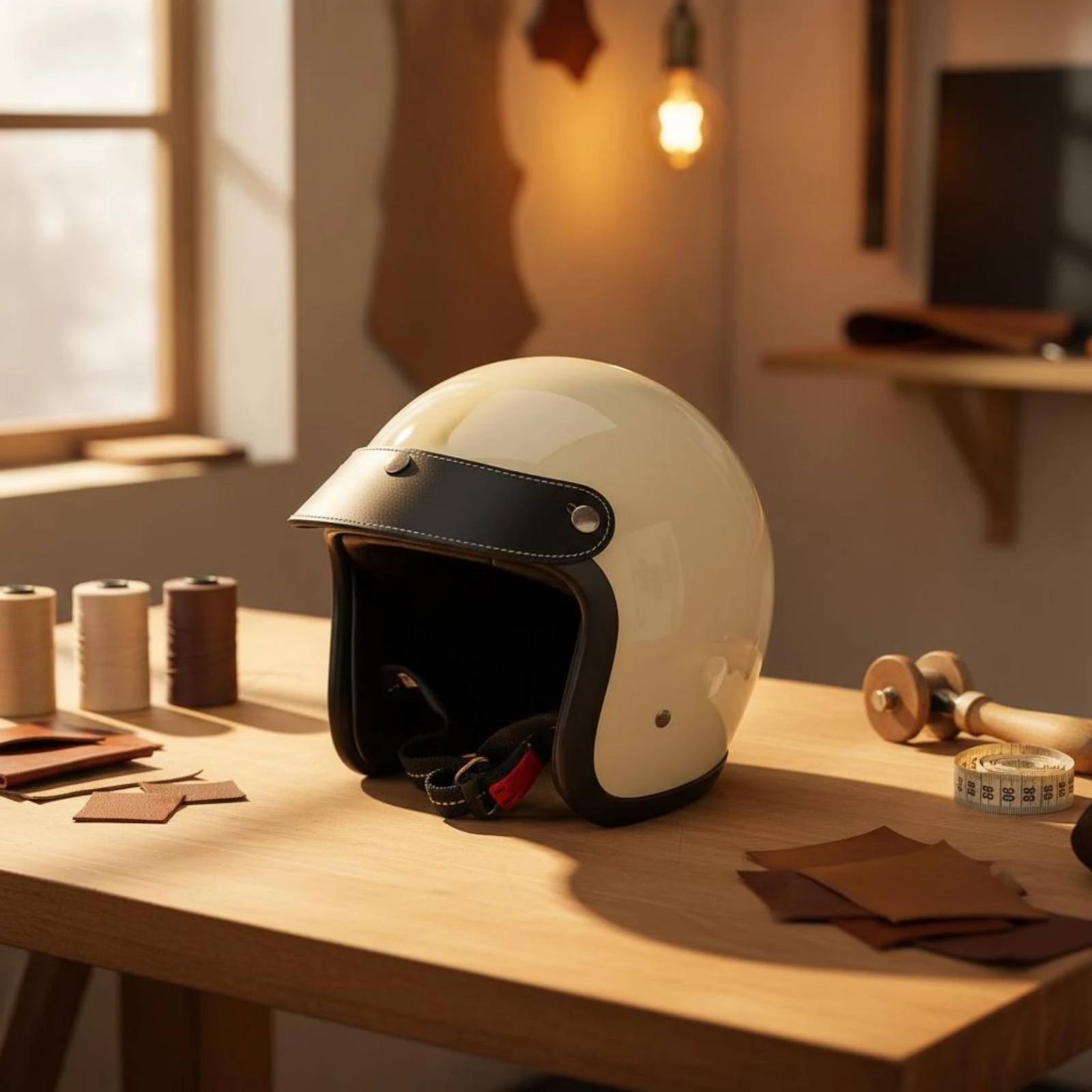 

3 Snap Helmet Visor Handmade Attach-on Leather Visor Open Face Helmet Visor Cover Contrast Stitching Retro Aesthetic