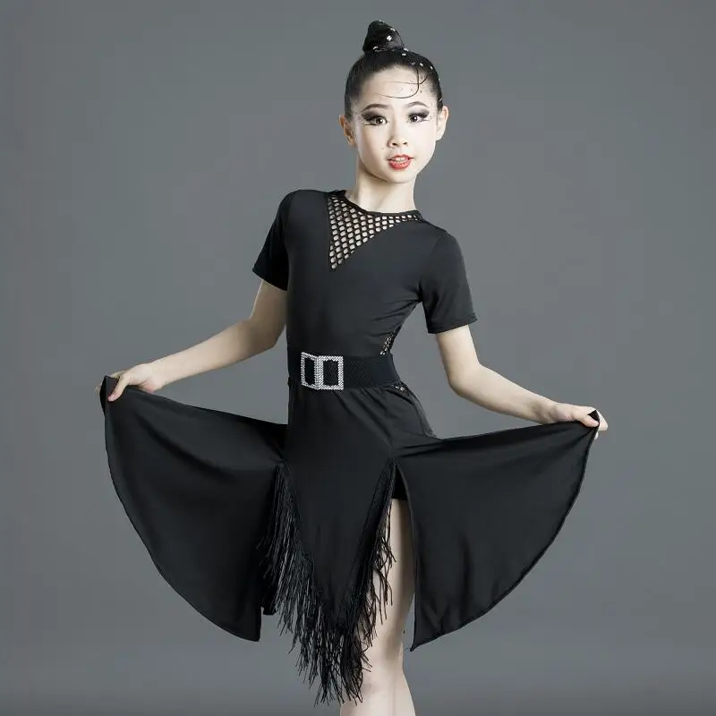 Robe de danse latine pour enfants, robe à franges, Tango, Salsa, robes de salle de bal pour filles, Costume Latin Sexy, creux, 1 pièce/lot