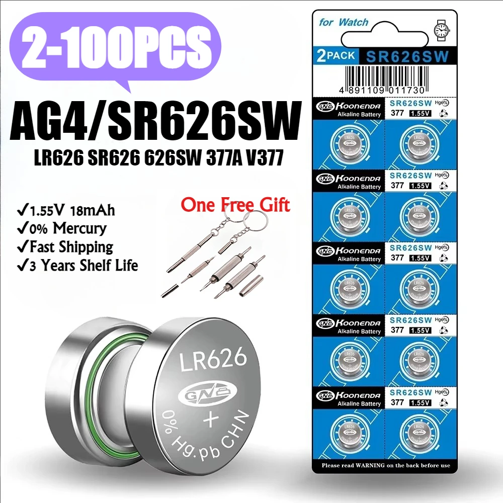 2-100Pcs AG4 SR626SW Watch Battery LR626 SR626 626SW 377A V377 1.5V Button Cell Batteries for Mini Flashlight Toy Thermometer