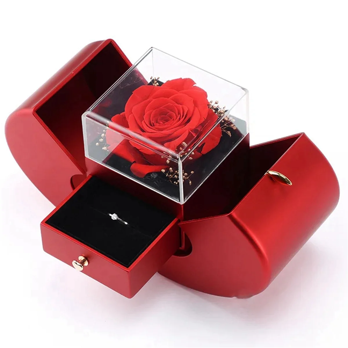 Apple-Shape Jewelry Case for Chinese Valentine's Day, Drawer Proposal Ring Box, Eternal Flower Birthday Gift