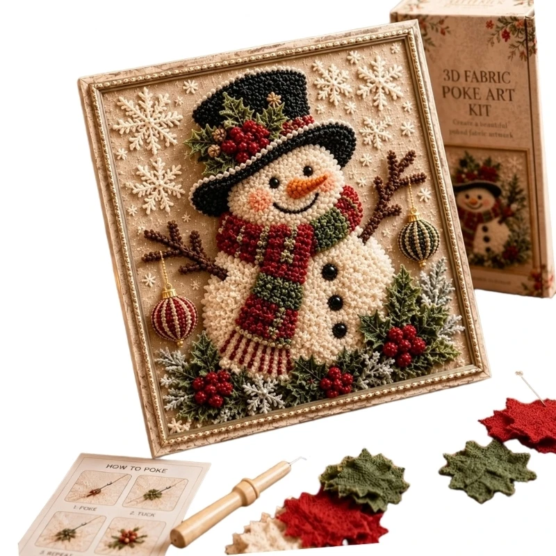 F68E Christmas Themed Poke and Tuck Fabric Art Set with Needle and Display Frame