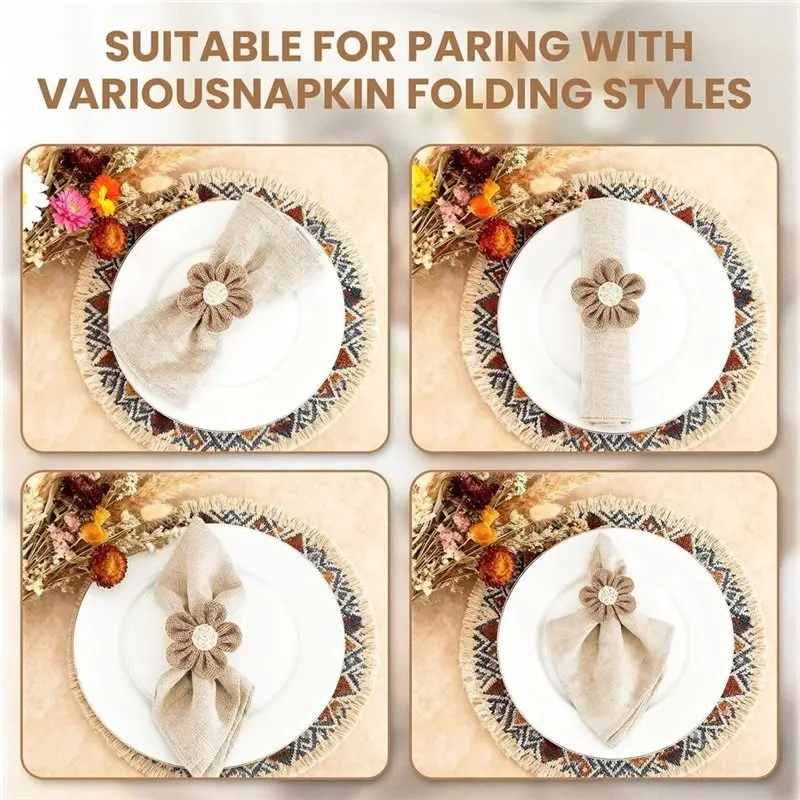 ABRU-Napkin Rings Set Of 6 Handmade Rustic Napkin Rings Reusable Boho Napkin Ring For Elegant Dining Table Decoration Khaki