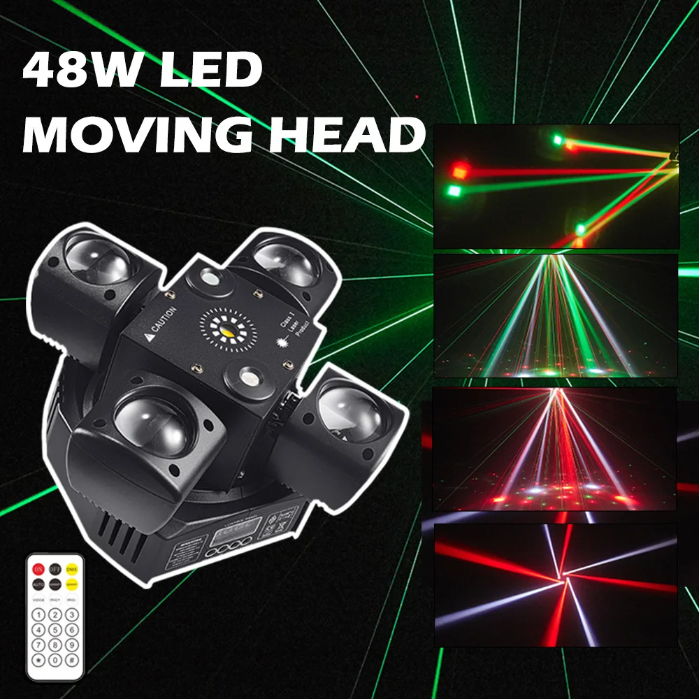 ไฟดิสโก้แบบเคลื่อนย้ายได้ 4 หัว พร้อมรีโมทคอนโทรล 48W DMX มินิบีม อุปกรณ์ดีเจเคลื่อนที่ ไฟเวทีสำหรับงานปาร์ตี้ คลับ คริสต์มาส งานวันเกิด