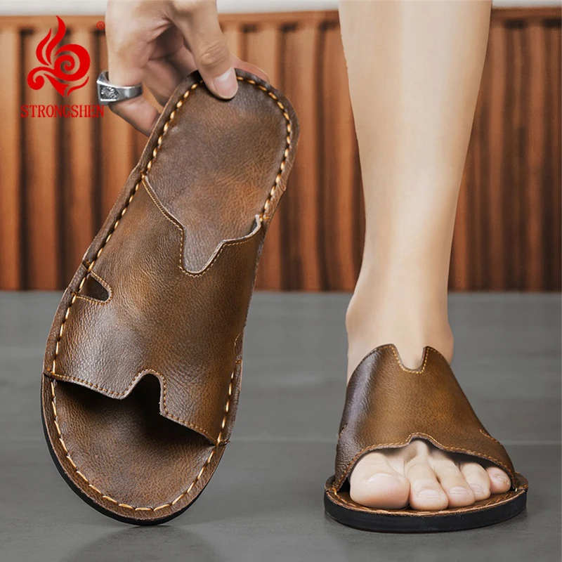 

STRONGSHEN Fashion Men's Slippers Summer Outer Wear Non-Slip Wear-Resistant Casual Luxury Slippers Leather Slippers Outdoor