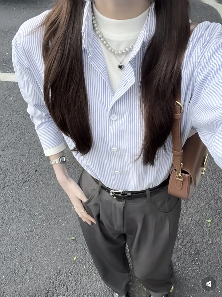 Casual Striped Shirt Women's Long Sleeve Loose Fit Breathable Korean Style Spring Autumn Blue White Shirt Versatile Top