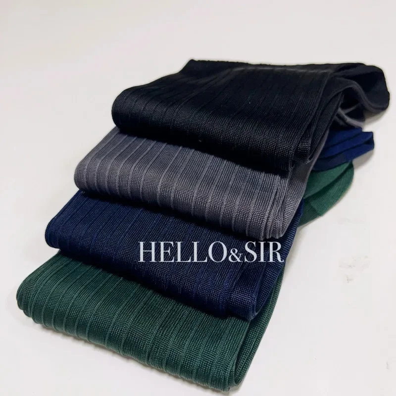 Man Long Silk Socks for Men Business Thin Nylon Stripe Breathable Elastic Solid Color Formal Wear Crew Socks Gentleman Plus Size