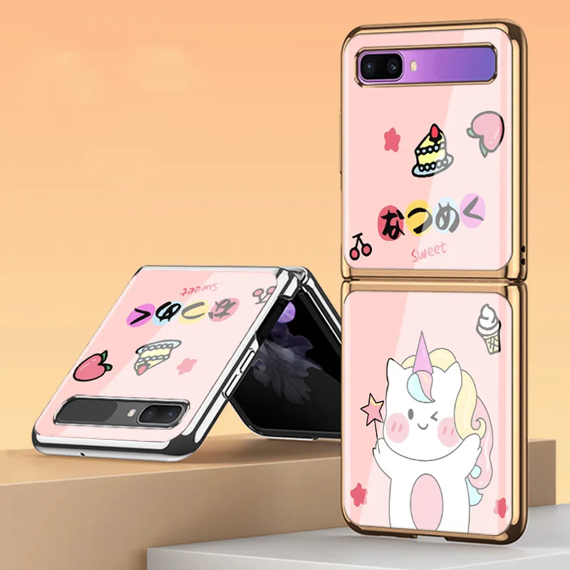 Z Flip 4 Funda Case for Samsung Galaxy Z Flip 4 Z Flip 3 Lovely Cartoon Unicorn Tempered Glass Shell Coque Phone Case Cover