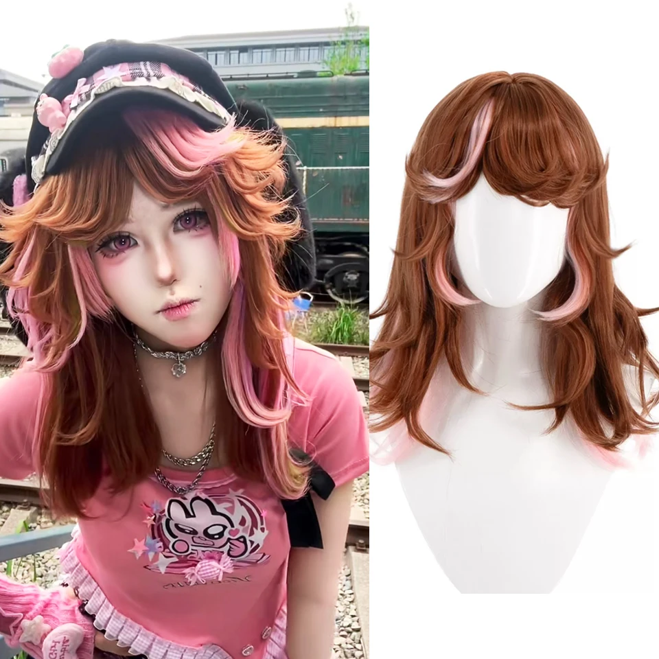 Identity V Barmaid Cosplay Wig TUZIXIUZHEN Demi Bourbon Shoulder-length Brown Wig with Pink Streak Heat Resistant Wigs for Part