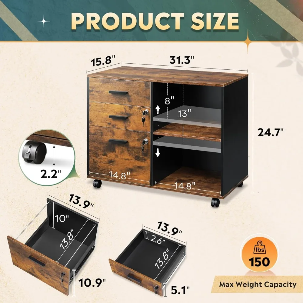 3-Drawer Wooden Lockable Lateral File Cabinet, Mobile Office Filing System with Open Storage Shelves for Home and Office Organiz