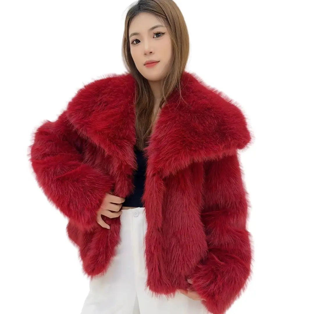Women Fluffy Faux Fox Fur Cropped Jacket Big Shawl Lapel Open Front Short Coat Winter Streetwear Plush Outerwear