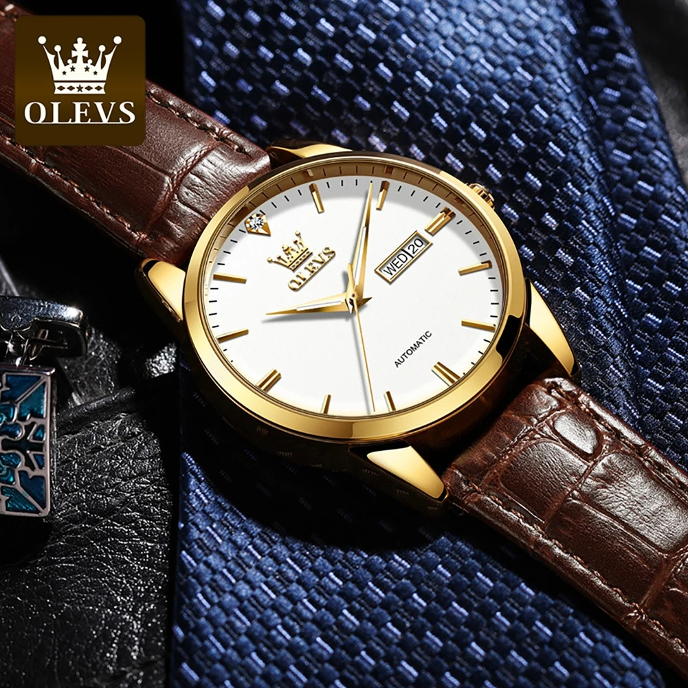 OLEVS 6629 Mechanical Business Watch Gift Genuine Leather Watchband Round-dial Week Display Calendar Luminous