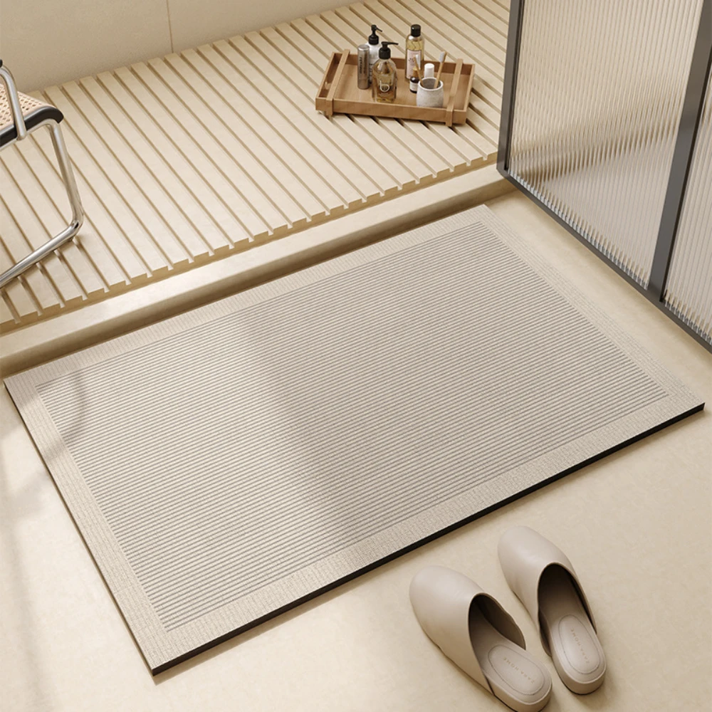 Solid Fine Vertical Stripe Bath Mat Neutral Beige Tone Non Slip Quick Dry Absorbent Rug for Bathroom Shower Entrance