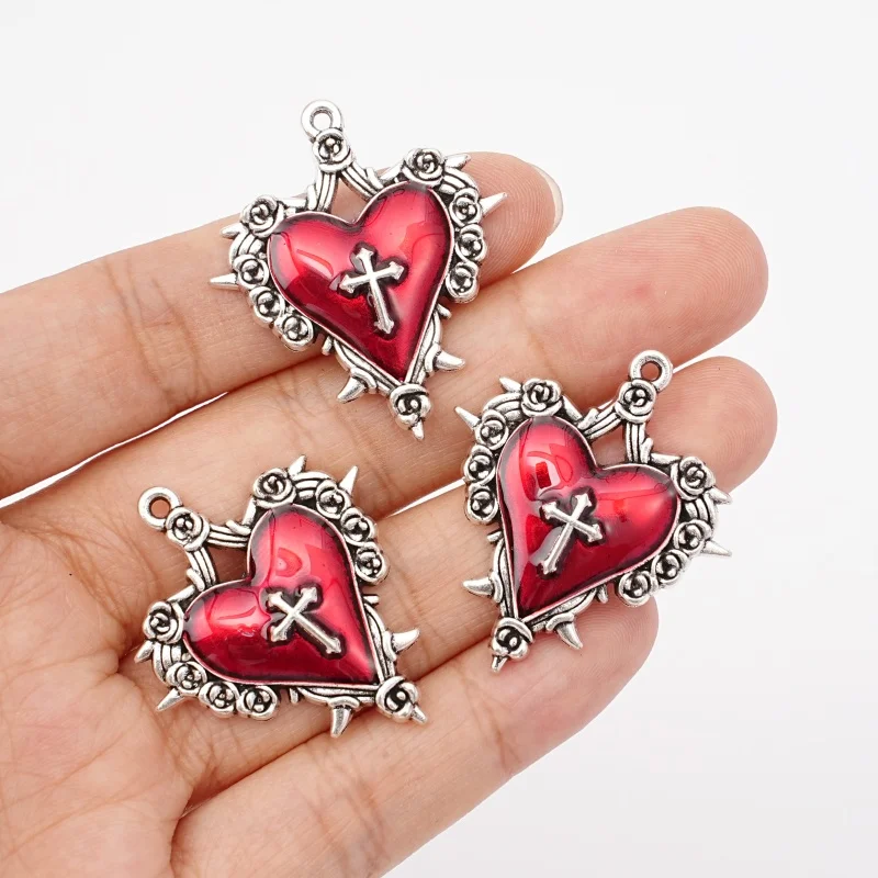 5Pcs Gothic Red Imitation Enamel Thorn Rose Heart Cross Pendant Necklace Earrings Bracelet Jewelry Making Accessories