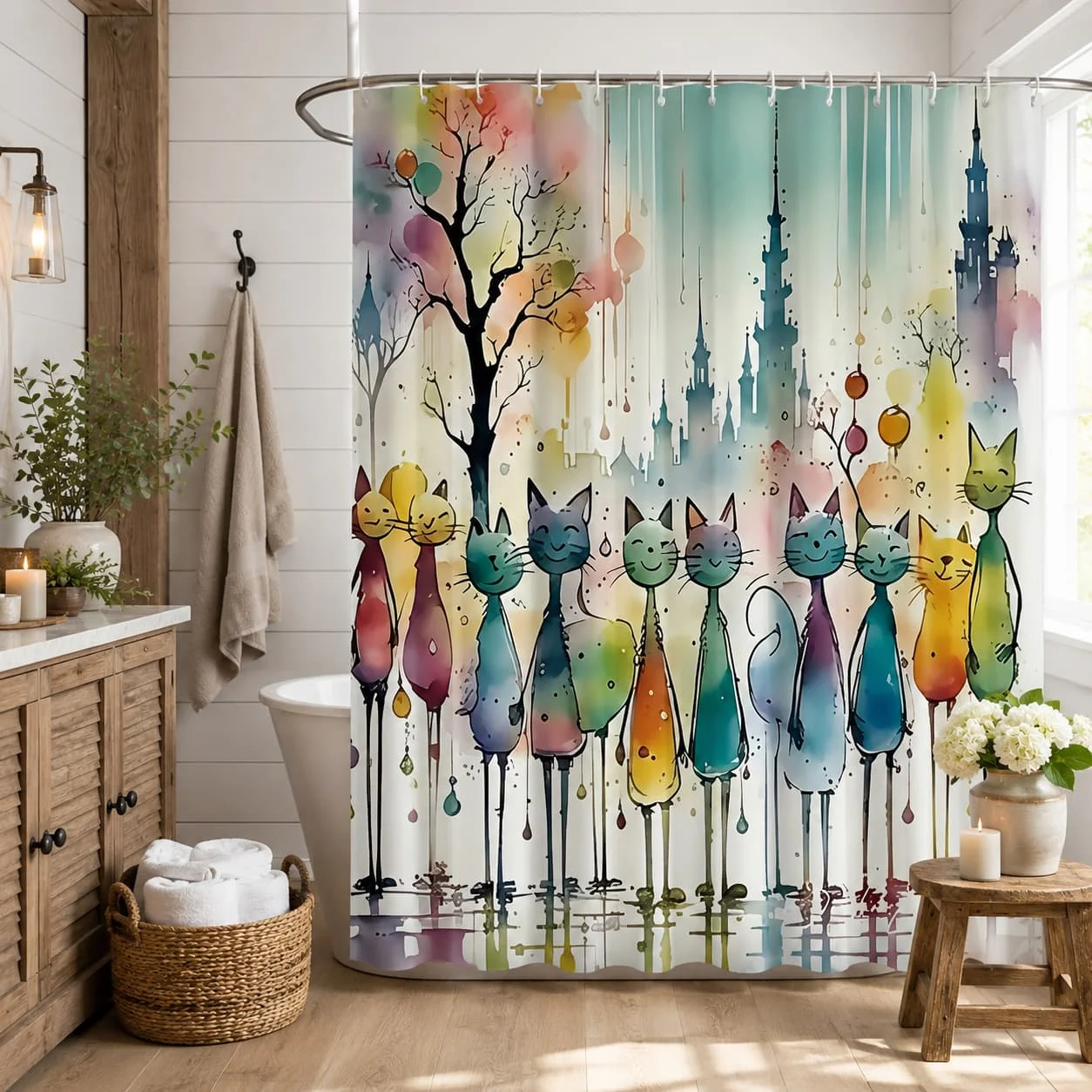 [Abstract Cat Shower Curtain] Modern Abstract Cat Bathroom Shower Curtain |   Colorful Watercolor Painting Style Decorative Hanging Curtain with 12 Hooks |   Bathroom Decoration for All Seasons