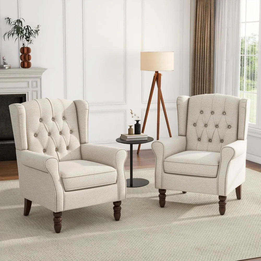 

High Back Accent Chairs Set of 2, Fabric Upholstered Armchair Wingback Club Chair for Living Room, Comfy Single Sofa Bedroom.