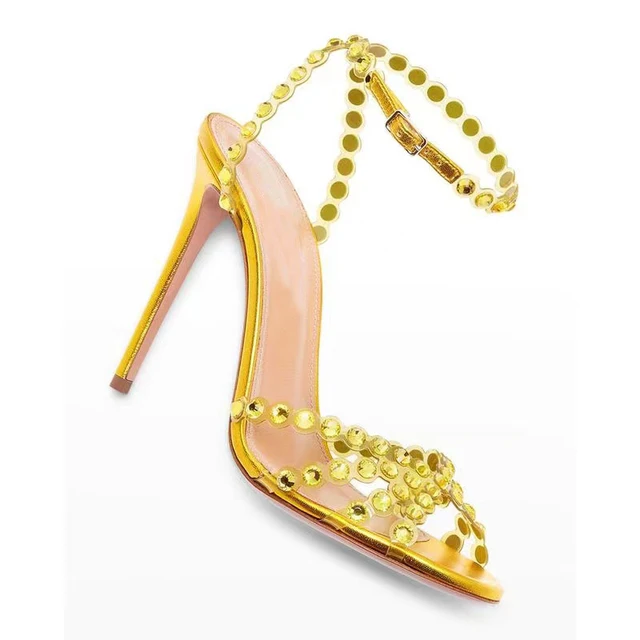 Crystal Bling Bling Colored PVC Rhinestone Sandals Stiletto Heels Slingback Ankle Strap Shoes Women Peep Toe Wedding Sandals