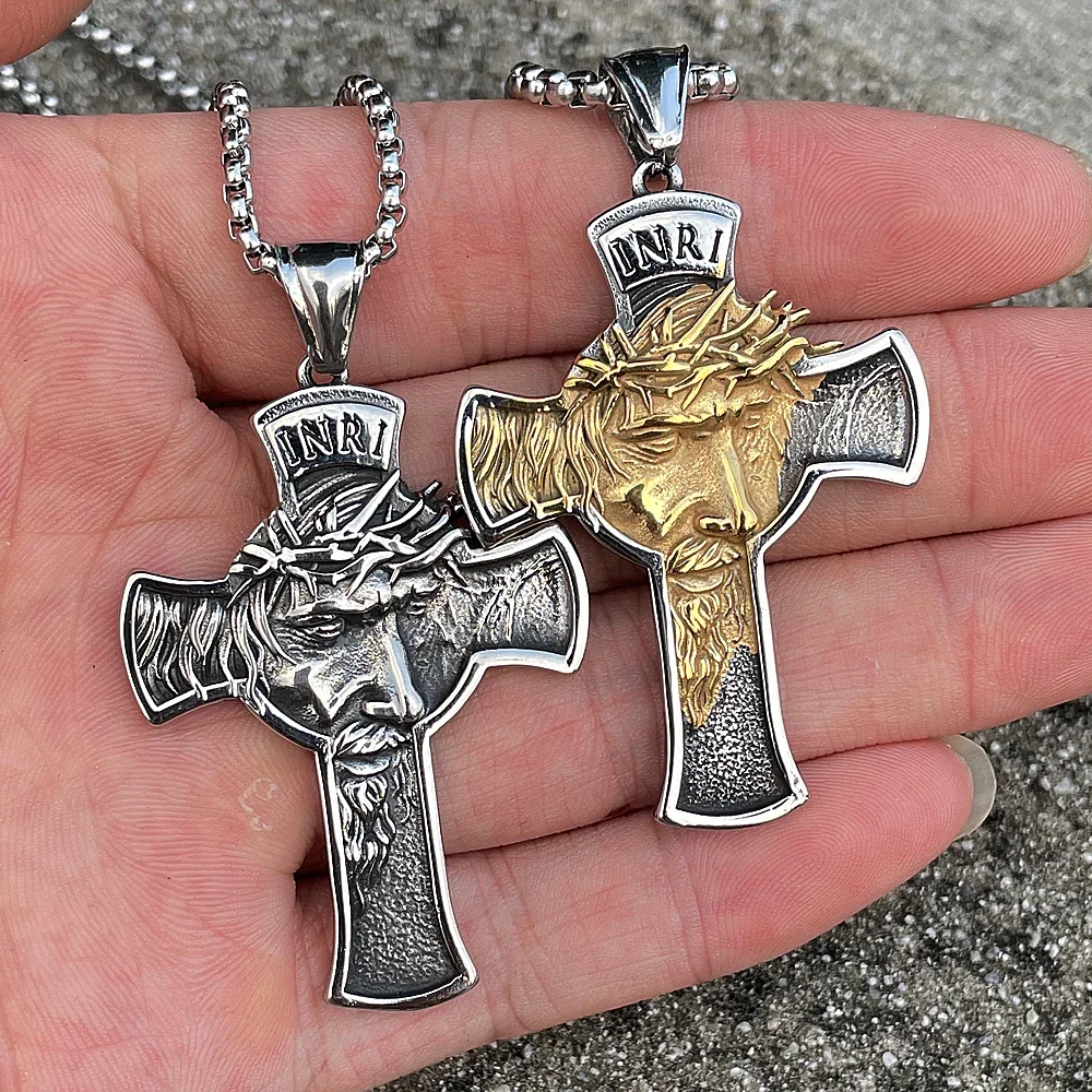 Fashion Vintage Stainless Steel Jesus Cross Necklace Pendant Men Boys Cross Jesus Face Necklace Chain Amulet Jewelry Wholesale