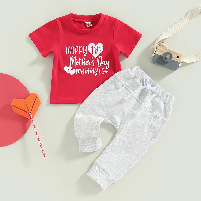 2023-02-15 Lioraitiin 0-12M Infant Baby Boys 2Pcs Mother's Day Outfit Sets Red Short Sleeve Letter Heart Print Tops White Pants