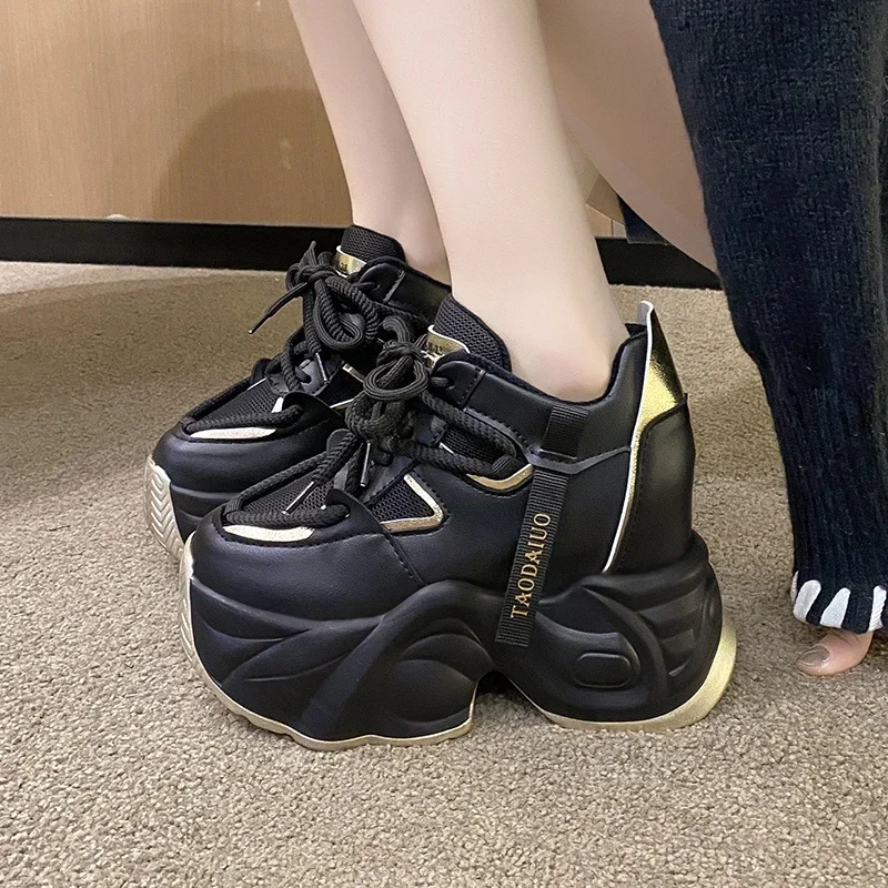 

11CM Women Autumn Leather Chunky Sneakers Winter High Platform Warm Fur Casual Shoes Wedge Heels Sports Plush Snow Shoes Woman