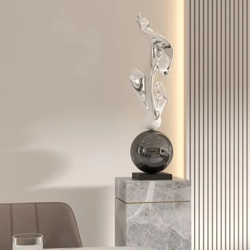 bstract Polished Metal Sculpture Ornament With Stone Sphere Base Modern Home Floor Table Art Decor Irregular Twisted Curve Craft