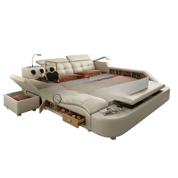 Genuine Leather Tatami Bed Multifunctional Tech Smart Beds Ultimate Massage Camas Upholstered Bed with Bluetooth,Speaker,Dresser