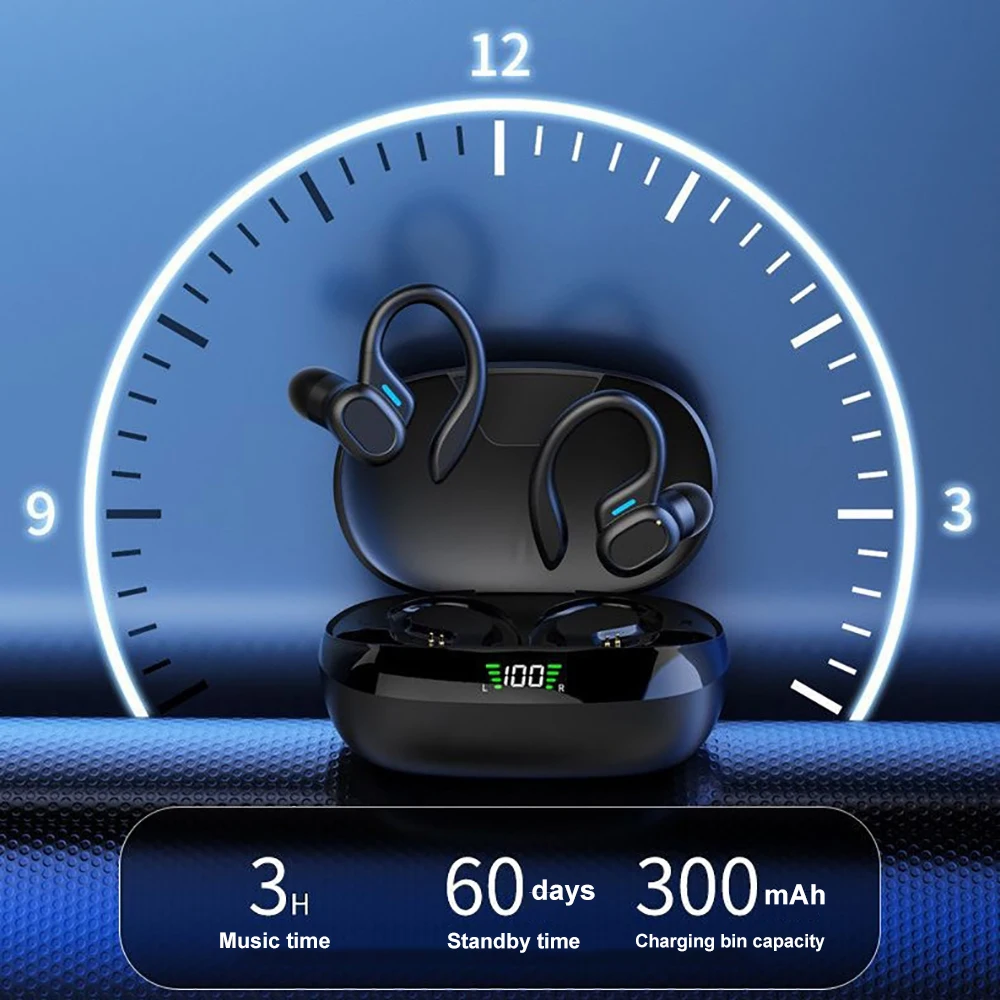 Open-Ear Earphones Ear Hook TWS Wireless Headsets Bluetooth Headphones HiFi Stereo Noise Reduction LED Display Sports Earbuds