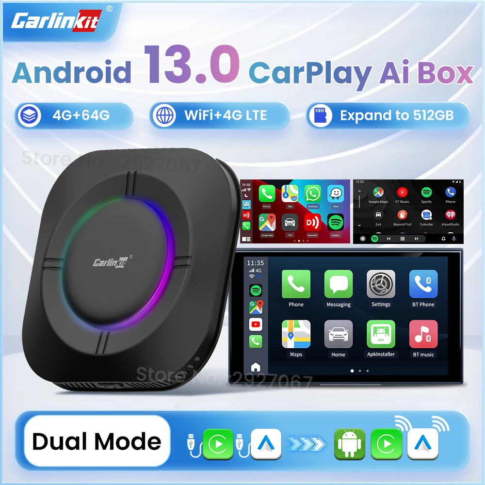 CarlinKit CarPlay Ai Box Android 13 Smart Car TV Box Wireless CarPlay Android Auto Video Box 4GLTE WiFi SM6115 8 cores Dual Mode