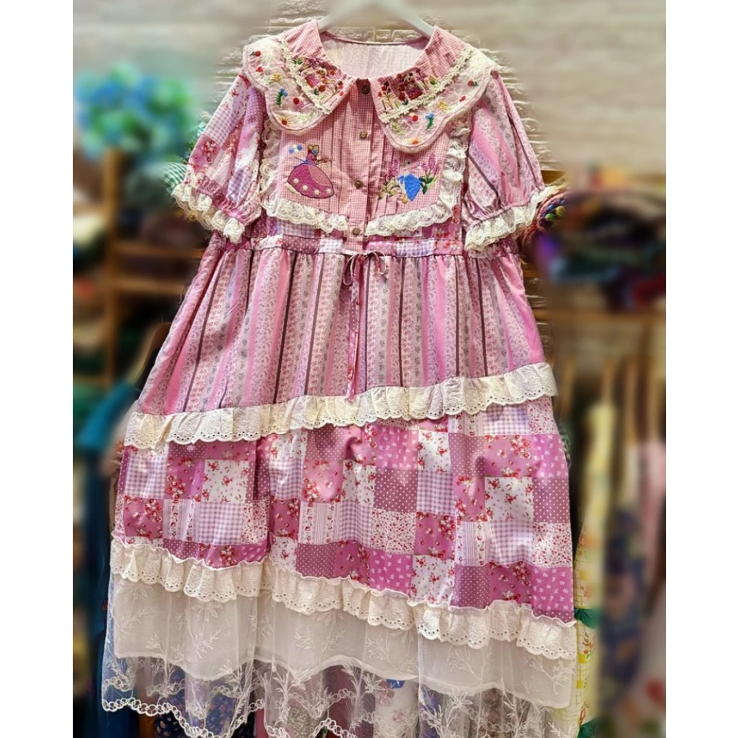 

Women Retro Chic Cotton Ruffled Lace Patchwork Tunic Long Dress Vintage Rococo Summer Lolita Sweet Birthday Evening Midi Dress