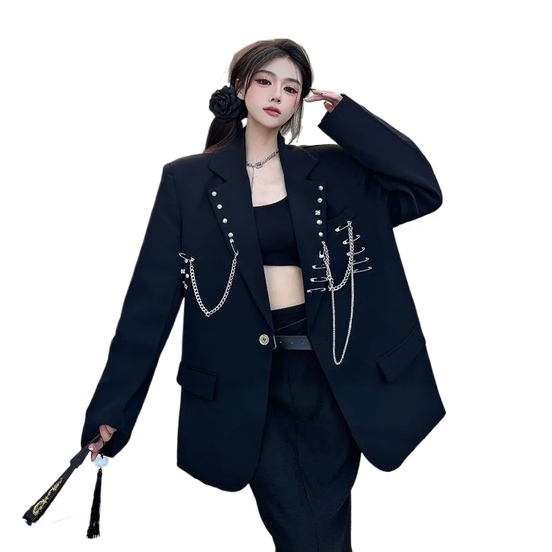 Черные пиджаки с цепочкой, пиджак, женское пальто, весна-осень, новый свободный повседневный костюм с подкладкой на плечах