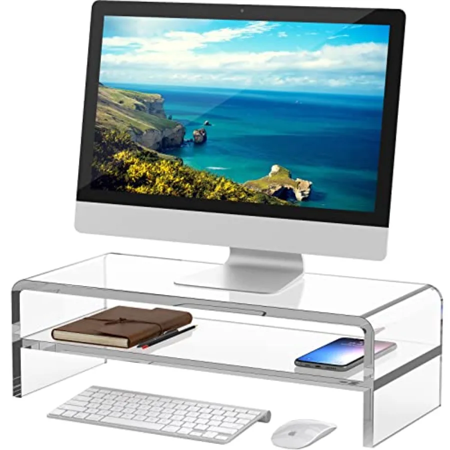 

Acrylic monitor stand for office, school, home: 2-tier computer monitor riser 18x8x5.5 in,clear material, sleek design, space-s