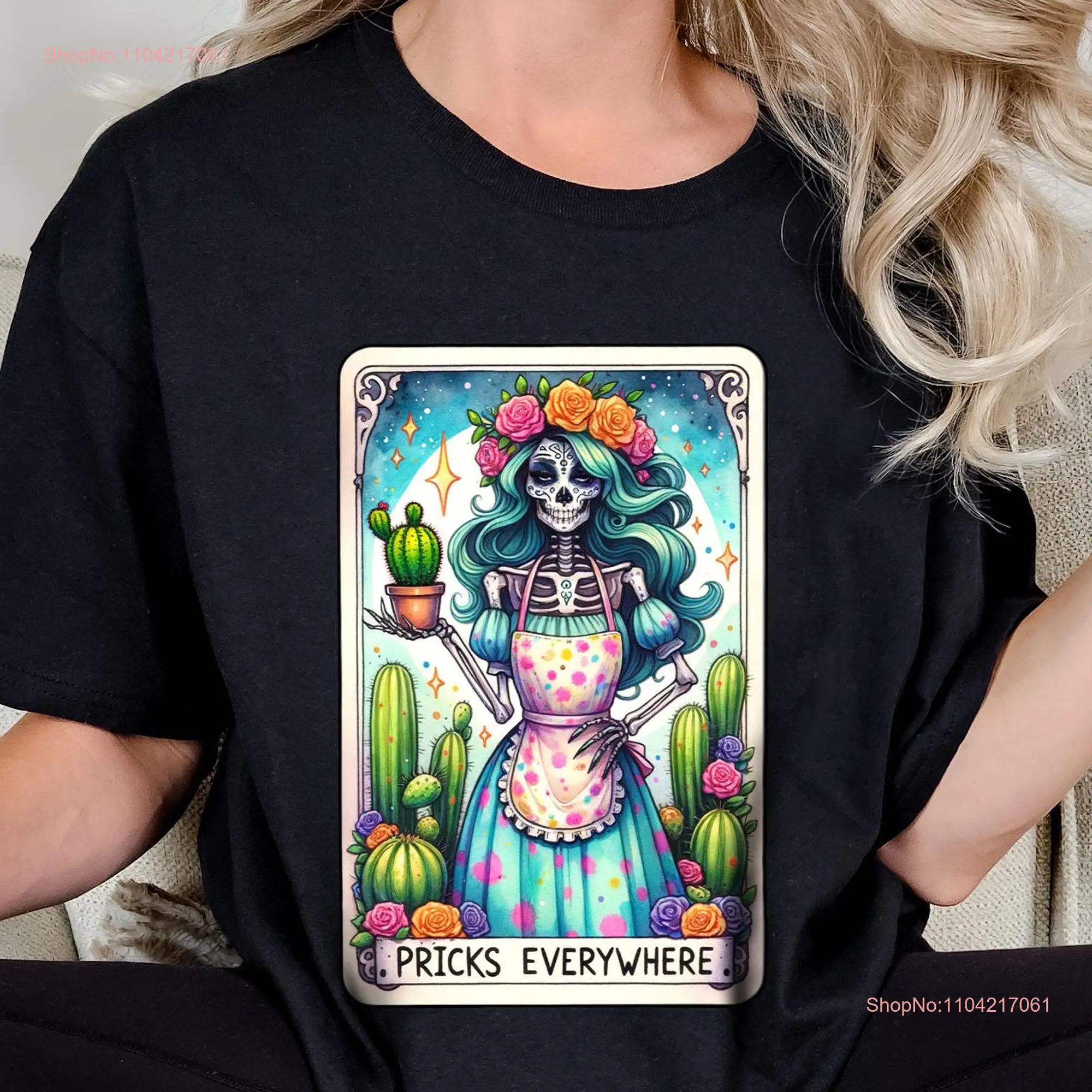 Boho Floral Skeleton T Shirt TaroT Funny Cactus Mom Halloween Card Retro long or short sleeves