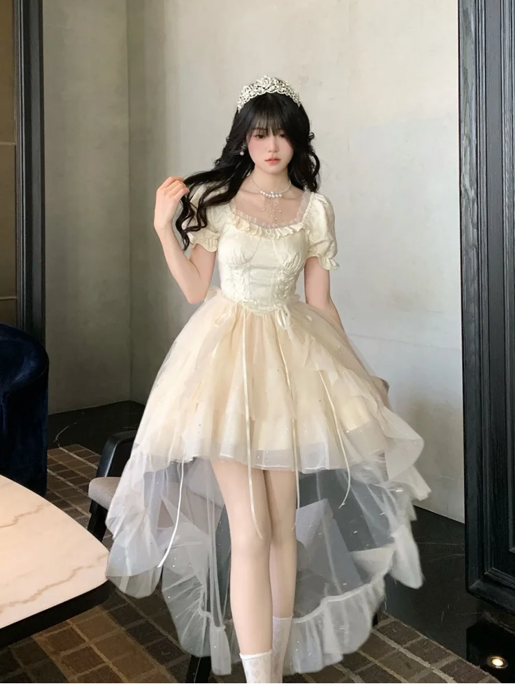 Elegant Princess Style Short Skirt with Large Bow Escape Design Mesh Dress Two Piece Set Women Summer Fashion Fleeing Princes...